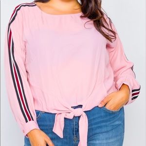 Pink knit at front long sleeve semi sheer top